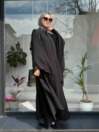 Omuz ve Yakası Taşkı İkili Abaya Siyah