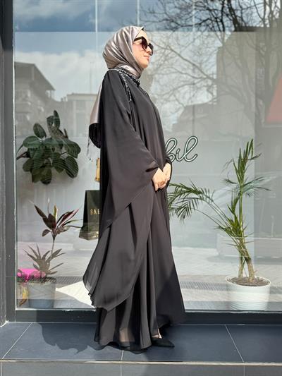 Omuz ve Yakası Taşkı İkili Abaya Siyah