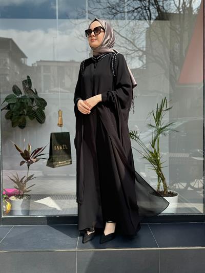 Omuz ve Yakası Taşkı İkili Abaya Siyah