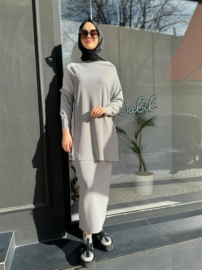 Omzu Şifon Kadın Triko Tunik Gri