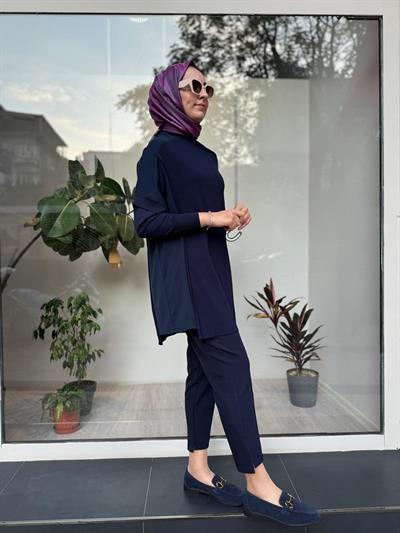 Omzu Şifon Kadın Triko Tunik Lacivert