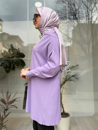 Omzu Şifon Kadın Triko Tunik Lila