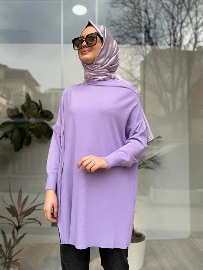 Omzu Şifon Kadın Triko Tunik Lila