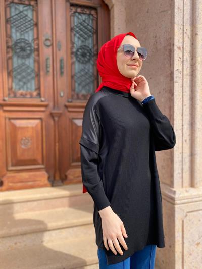 Omzu Şifon Kadın Triko Tunik Siyah
