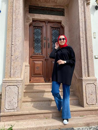 Omzu Şifon Kadın Triko Tunik Siyah