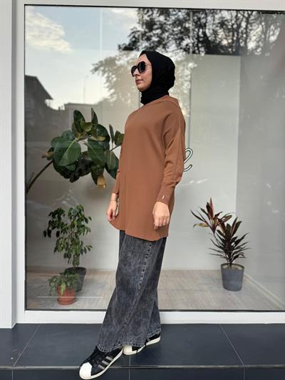 Omzu Şifon Kadın Triko Tunik Toprak