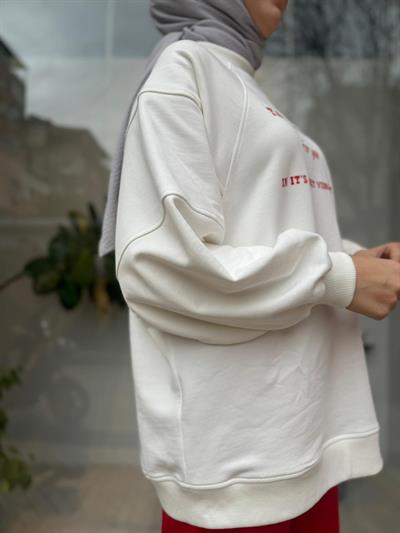 Önü Baskılı Kadın Sweat Beyaz