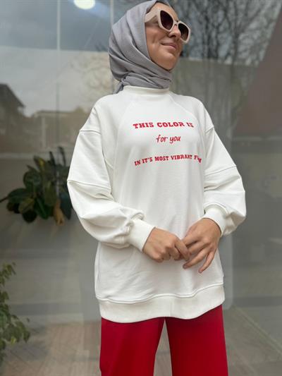 Önü Baskılı Kadın Sweat Beyaz