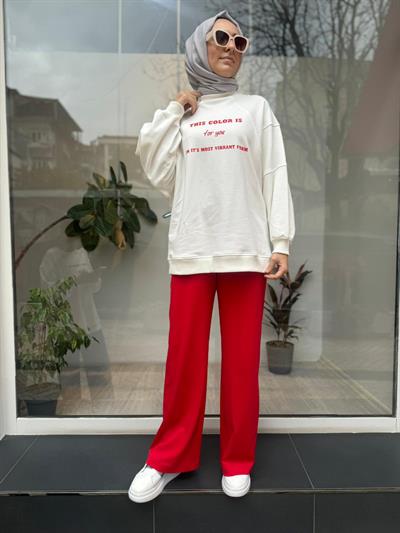 Önü Baskılı Kadın Sweat Beyaz