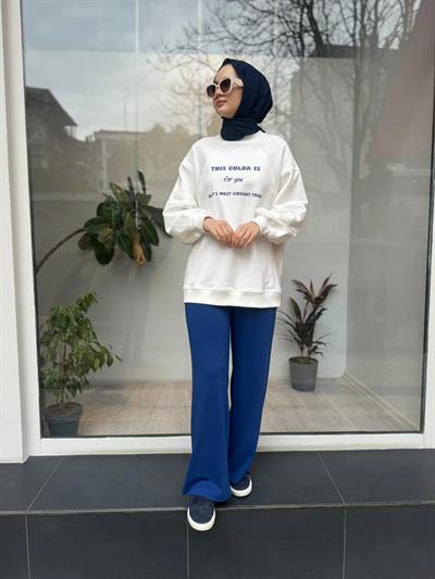 Önü Baskılı Kadın Sweat Saks Mavi