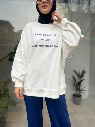 Önü Baskılı Kadın Sweat Saks Mavi