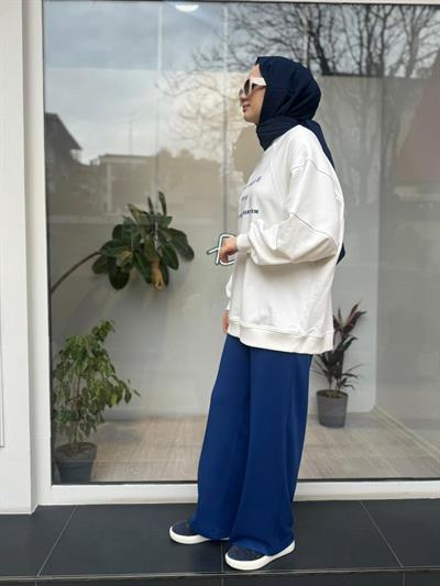 Önü Baskılı Kadın Sweat Saks Mavi