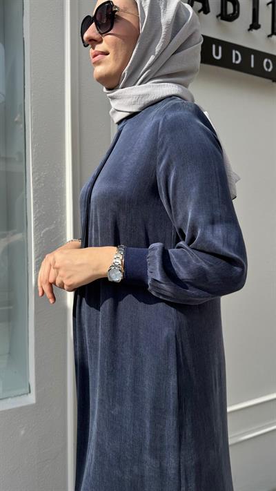 Önü Dikişli Cupro Kadın Elbise Lacivert