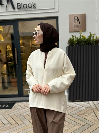 Önü Fermuar Detaylı Kadın Sweat Ekru