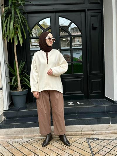 Önü Fermuar Detaylı Kadın Sweat Ekru