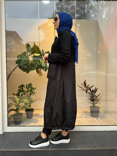 Paraşüt Detay Fermuarlı Kadın Kap Siyah