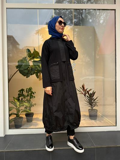 Paraşüt Detay Fermuarlı Kadın Kap Siyah