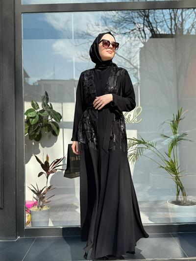 Parlak Organze İkili Abaya Takım Siyah
