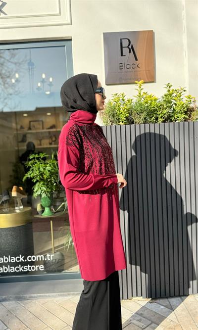 Parlak Taş Detaylı Kadın Tunik Bordo