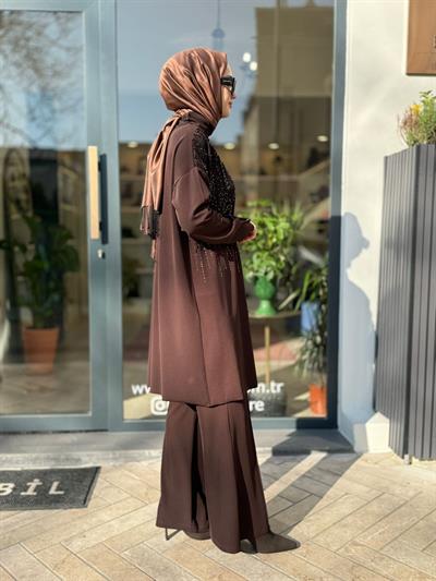 Parlak Taş Detaylı Kadın Tunik Kahve