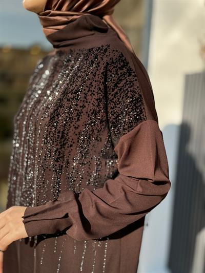 Parlak Taş Detaylı Kadın Tunik Kahve