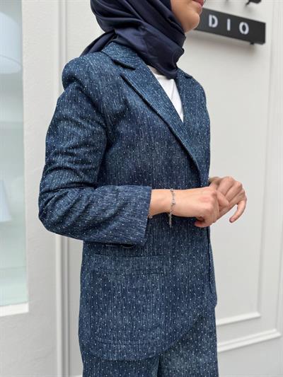Parlak Taşlı Denim Kadın Ceket Indigo