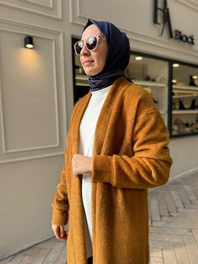Peluş Kumaş Detaylı Kadın Hırka Camel