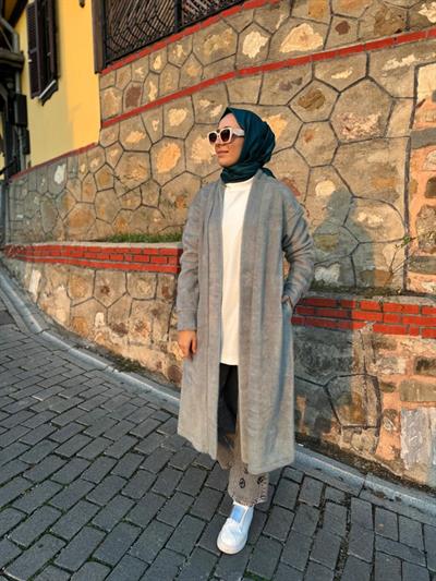 Peluş Kumaş Detaylı Kadın Hırka Indigo