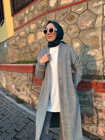 Peluş Kumaş Detaylı Kadın Hırka Indigo