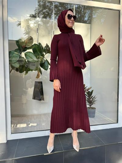 Ray Fitilli Triko Kadın Elbise Bordo