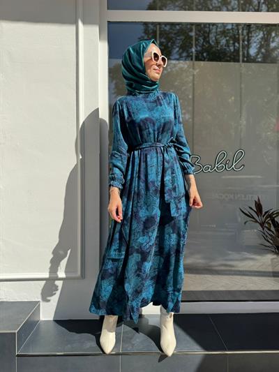 Renk Geçişli Jakarlı Kadın İpek Elbise Saks Mavi