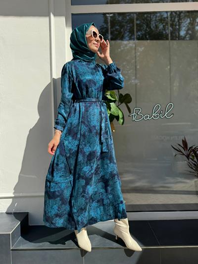 Renk Geçişli Jakarlı Kadın İpek Elbise Saks Mavi