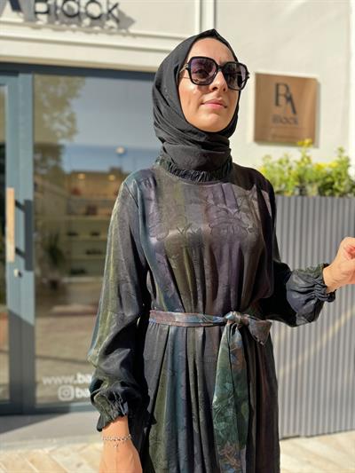 Renk Geçişli Jakarlı Kadın İpek Elbise Siyah