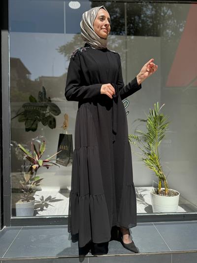 Renkli İşlemeli Şifon Detaylı Kadın İkili Abaya Elbise Siyah