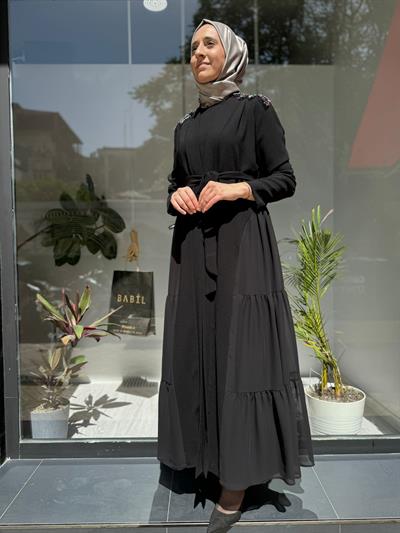 Renkli İşlemeli Şifon Detaylı Kadın İkili Abaya Elbise Siyah