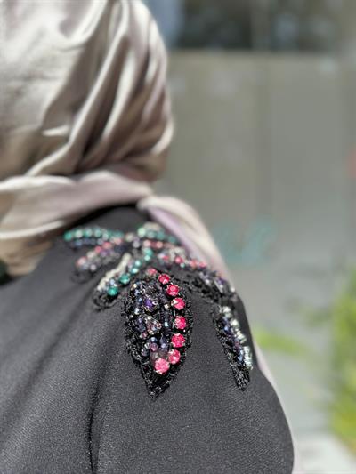 Renkli İşlemeli Şifon Detaylı Kadın İkili Abaya Elbise Siyah