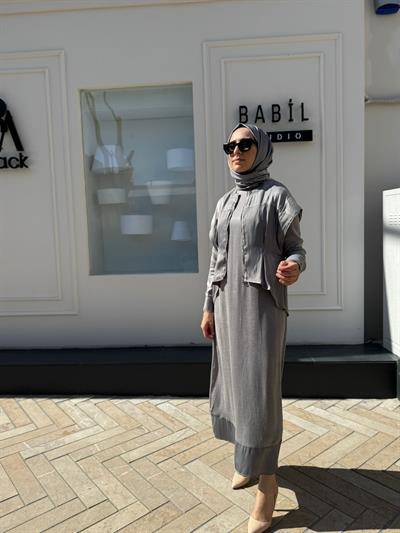 Yelekli Kadın Elbise Gri