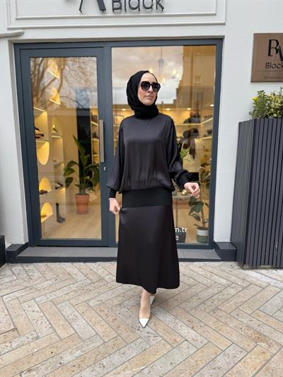 Saten Lastikli Star Kadın Takım Siyah