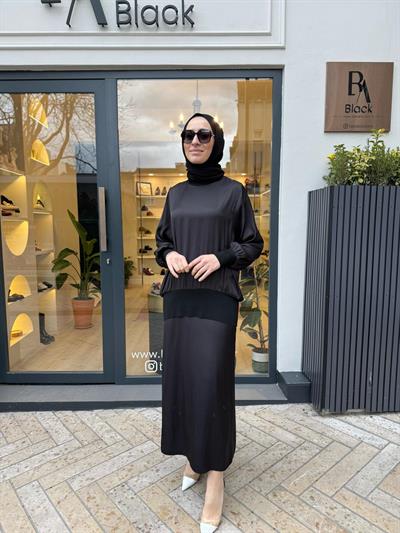 Saten Lastikli Star Kadın Takım Siyah