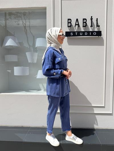 Sedef Düğmeli Belden Bağlamalı Ceket Kadın Takım Lacivert