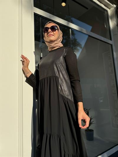 Şifon Detaylı Üç İplik Kadın Elbise Siyah