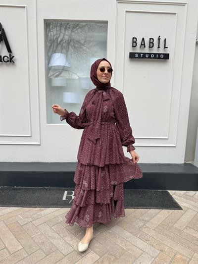 Şifon Katlı Kadın Elbise Bordo