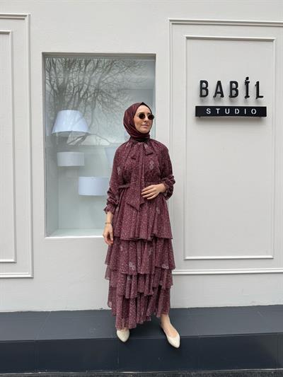 Şifon Katlı Kadın Elbise Bordo
