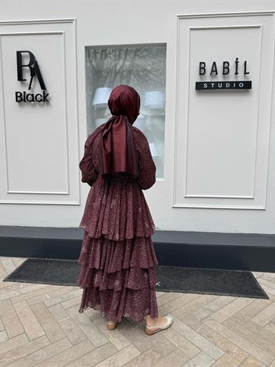 Şifon Katlı Kadın Elbise Bordo