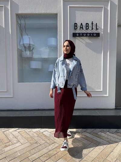 Şifon Kroşki Pliseli Kadın Etek Bordo