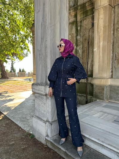 Silvia Balon Kol Taş İşlemeli Tasarım Kadın Ceket Lacivert