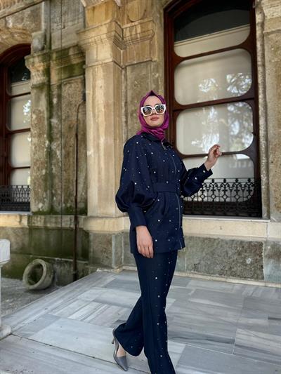 Silvia Balon Kol Taş İşlemeli Tasarım Kadın Ceket Lacivert