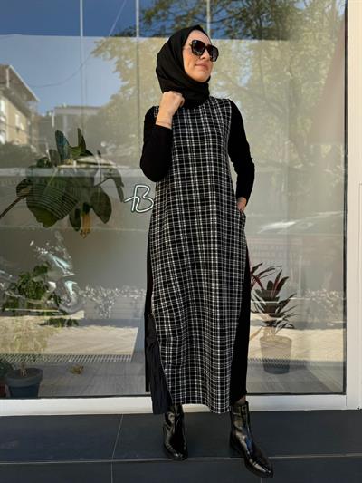 Simli Çizgili Kuşak Detaylı Kadın Elbise Siyah