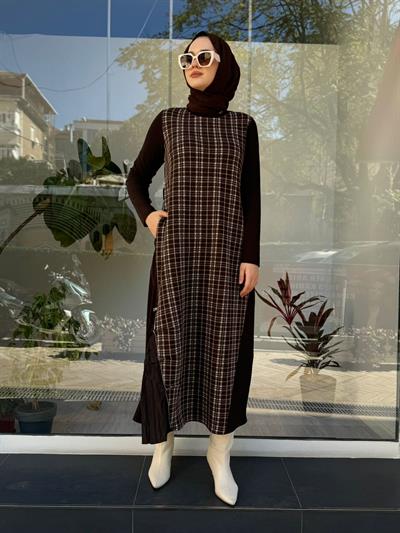Simli Çizgili Kuşak Detaylı Kadın Elbise Kahve