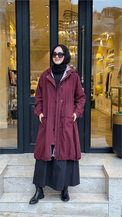 SK271001 Nora Büzgülü Kadın Trenç Bordo